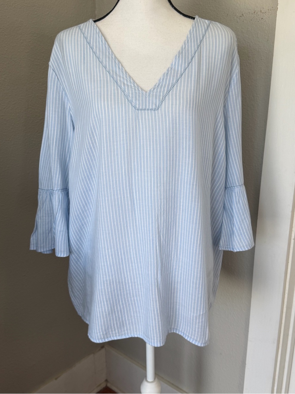 Old Navy Light Blue and White Pinstripe V-Neck Bell Sleeve Tunic